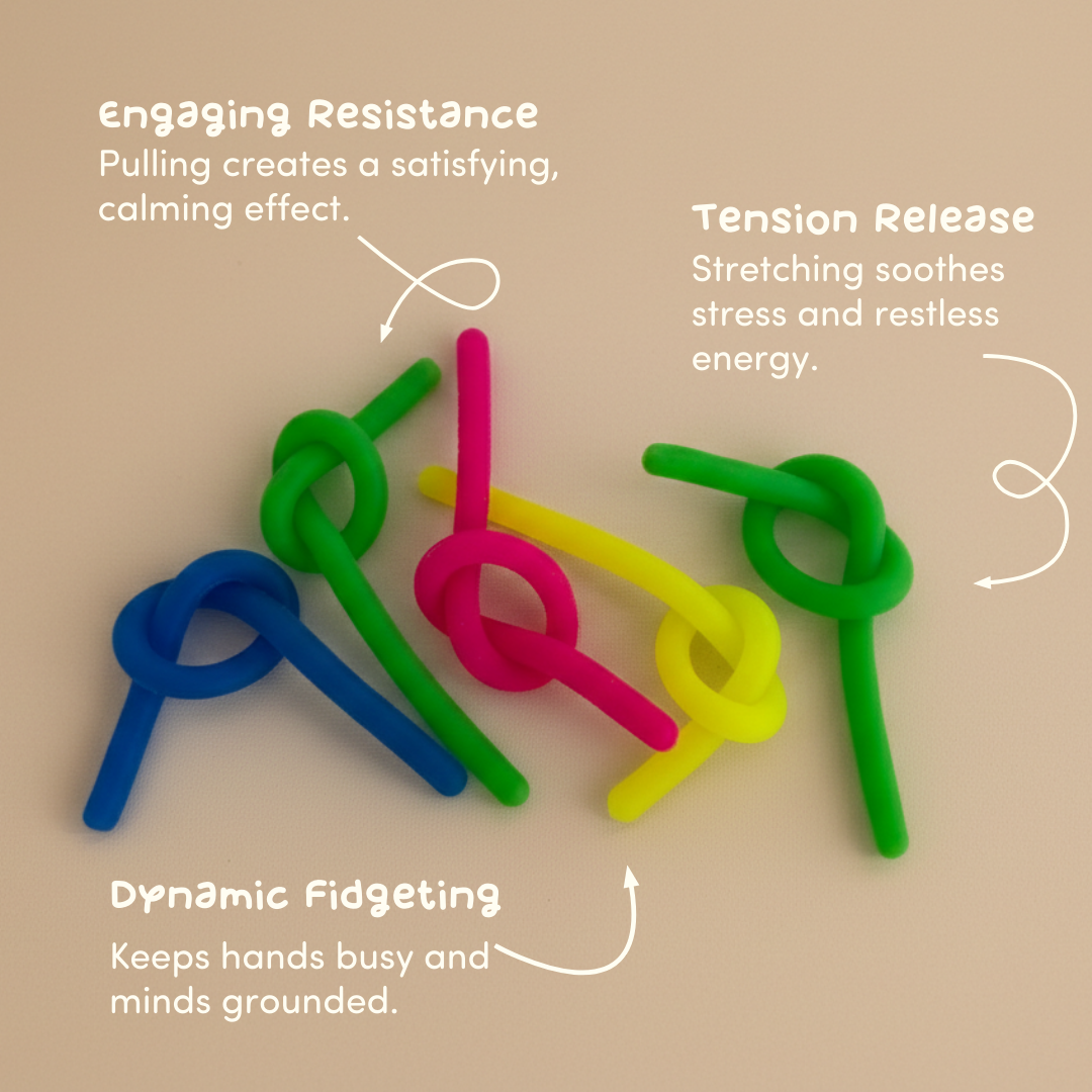 Colourful stretchy noodle fidget strings knotted together