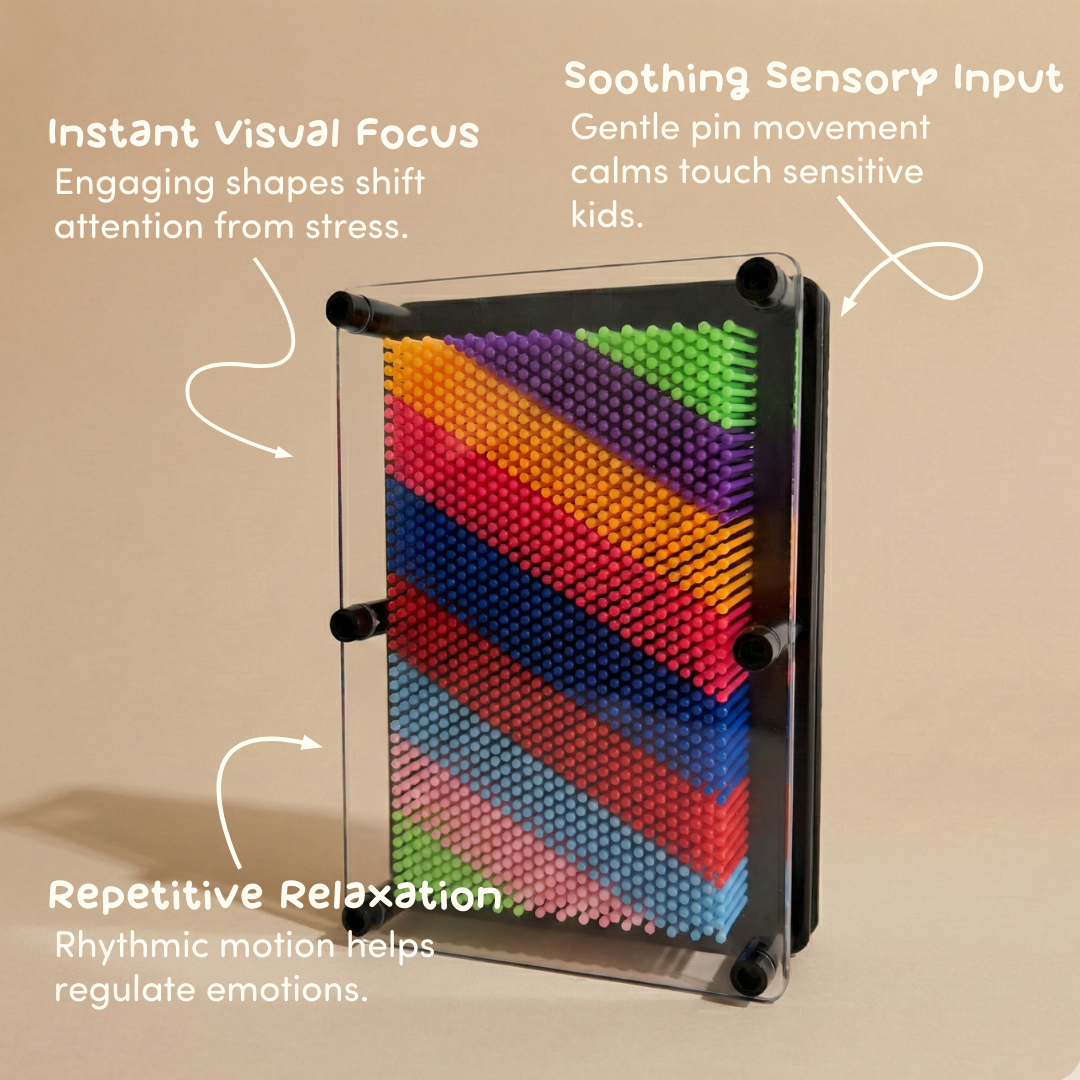 Rainbow pin art board, a visual and tactile sensory tool