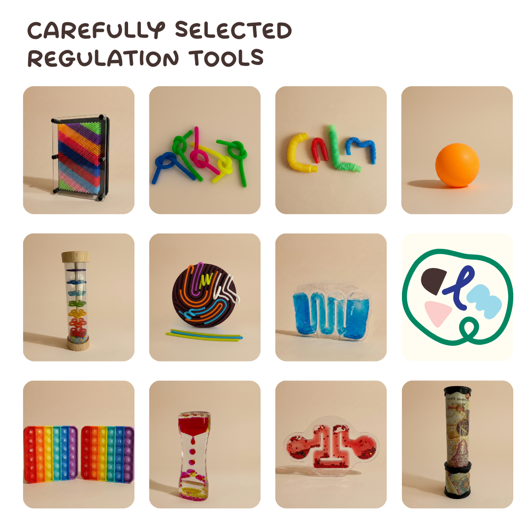 Grid of the sensory regulation tools included in The Calming Kit