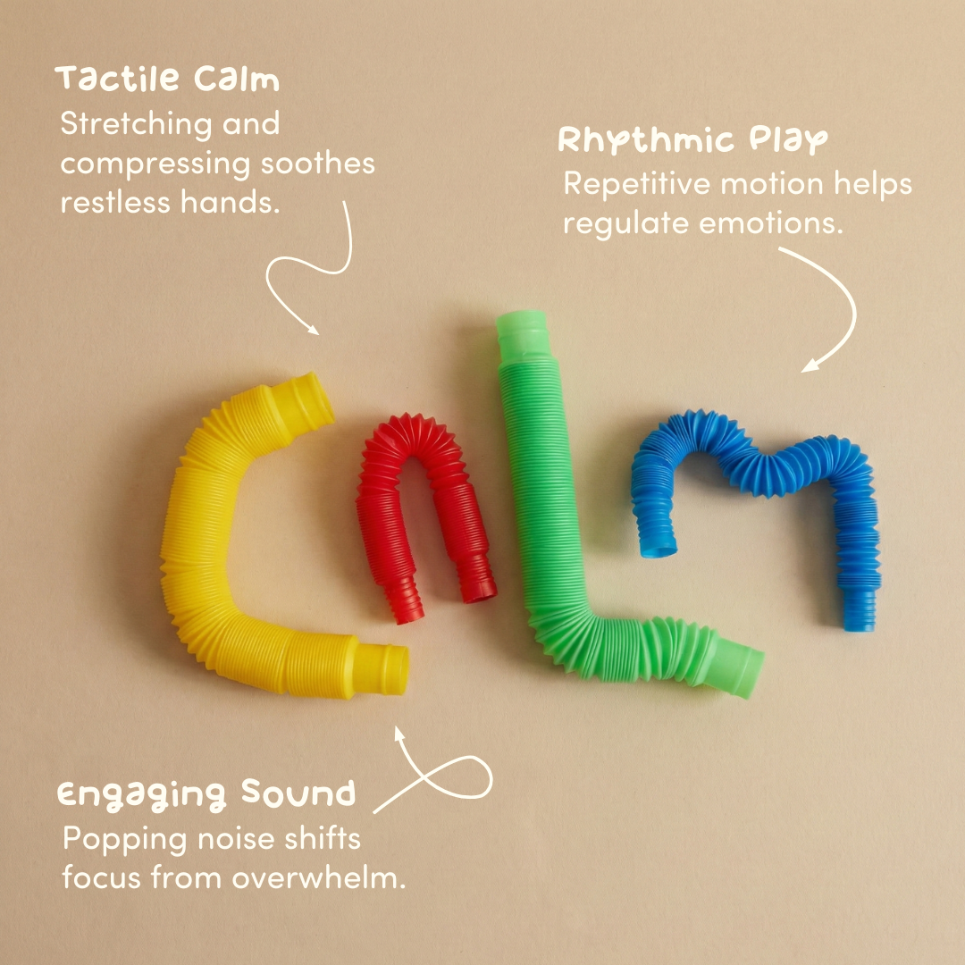 Colourful pop tubes arranged to spell 'calm'