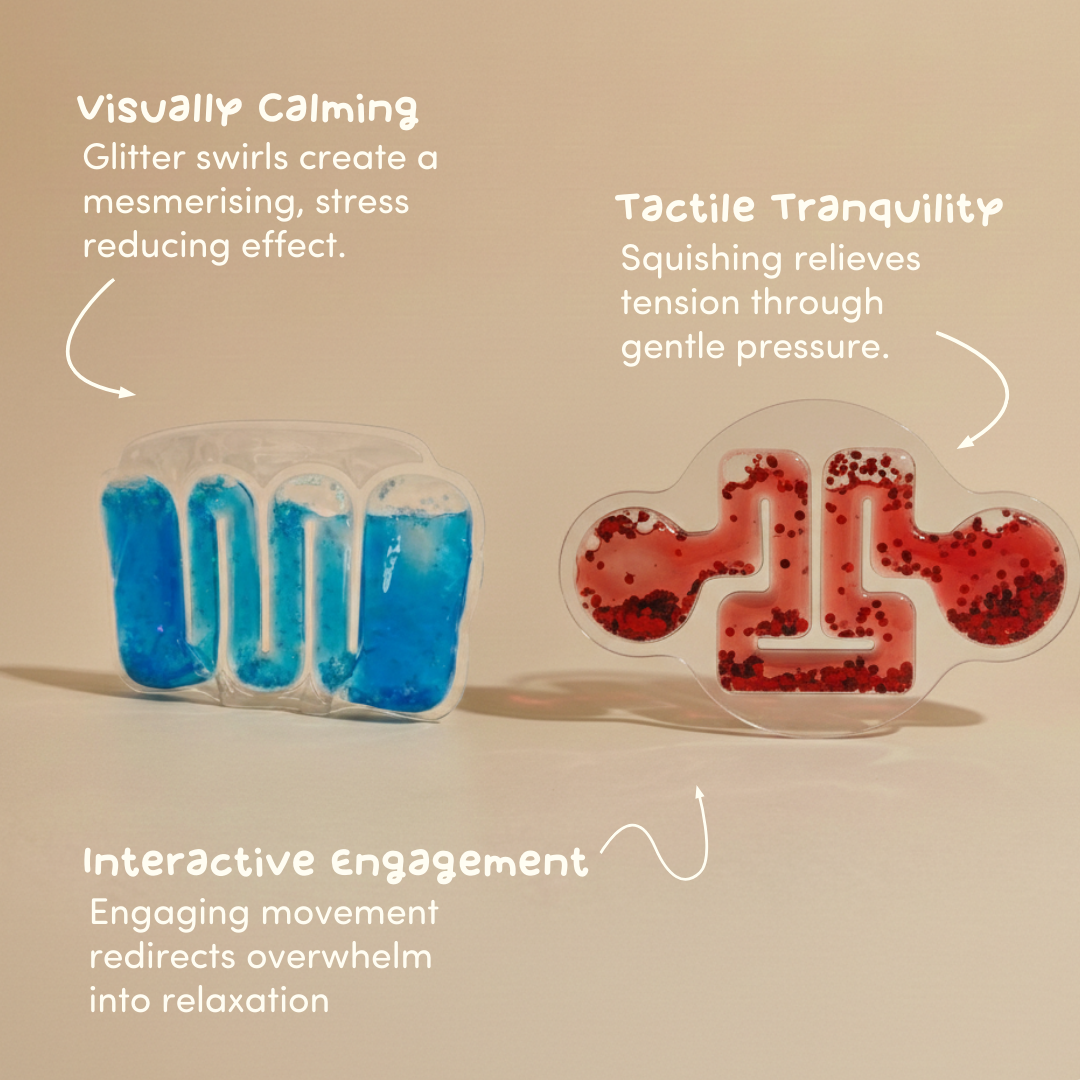 Blue and red glitter liquid squish fidgets